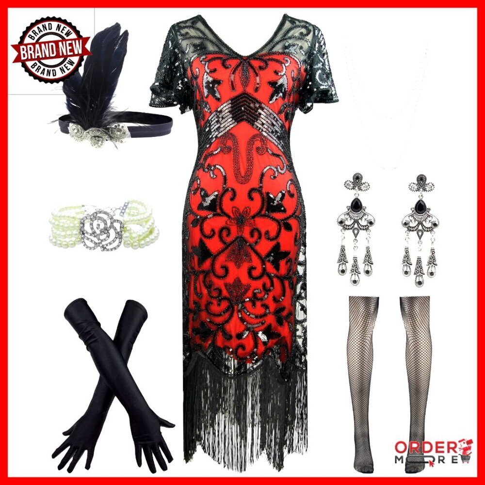 Sequined Flapper Dress with Accessories Set, Size S-XL, Polyester